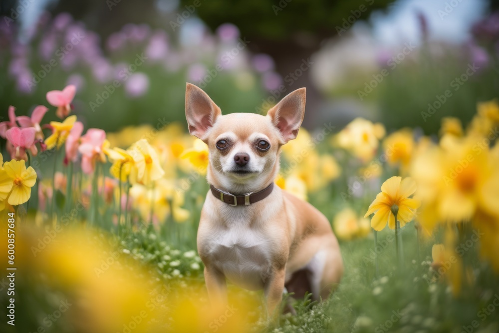 Group portrait photography of a curious chihuahua being in a field of flowers against sculpture gardens background. With generative AI technology