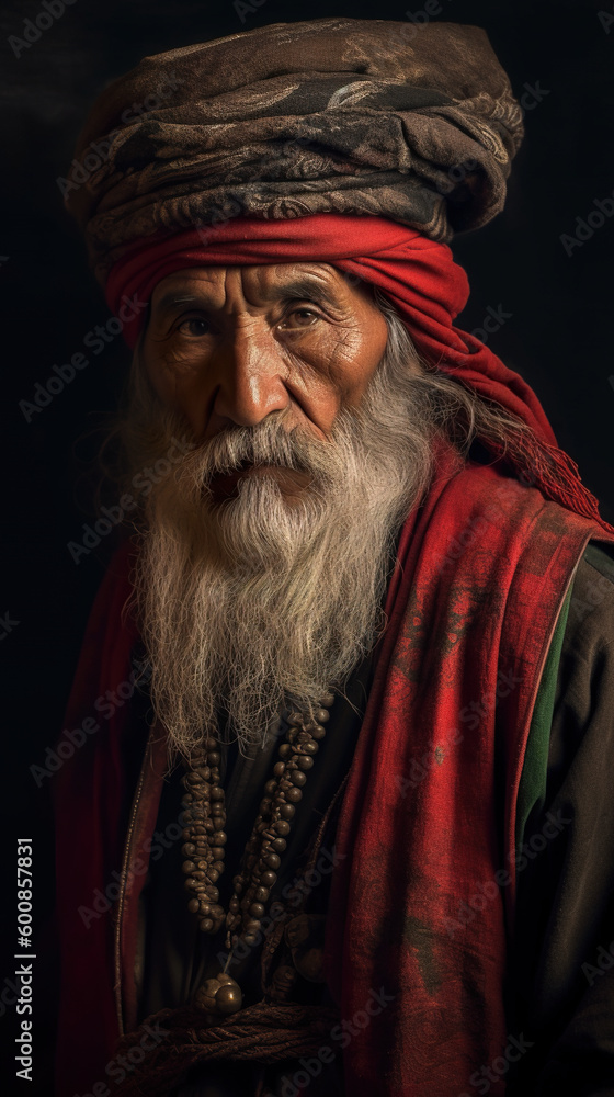 A man with a long beard wearing a red turban. Generative AI. A man with a long beard wearing a red turban. Generative AI.