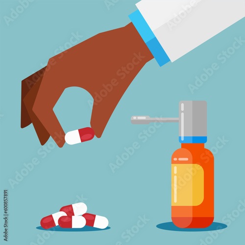 Flat design of spray bottle and a hand holding pills for medicine and healthcare. Illustration for websites, landing pages, mobile applications, posters and banners. Trendy flat vector illustration