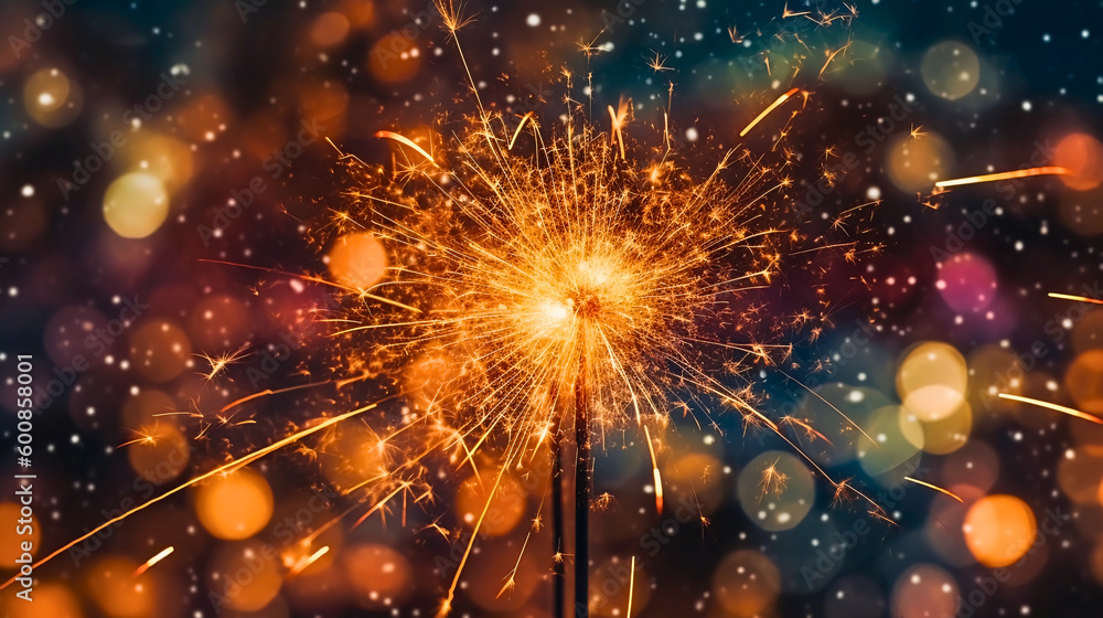 Naklejka premium A creative and abstract close-up of a sparkler in motion, featuring colorful sparks, capturing the whimsical essence of Independence Day celebrations, Created with generative Ai Technology.