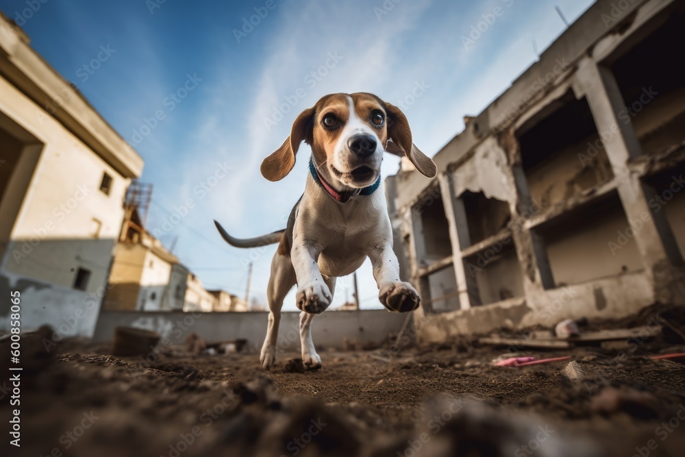 Group portrait photography of a curious beagle jumping against abandoned buildings and ruins background. With generative AI technology