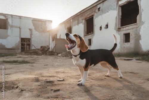 Full-length portrait photography of a happy beagle yawning against abandoned buildings and ruins background. With generative AI technology