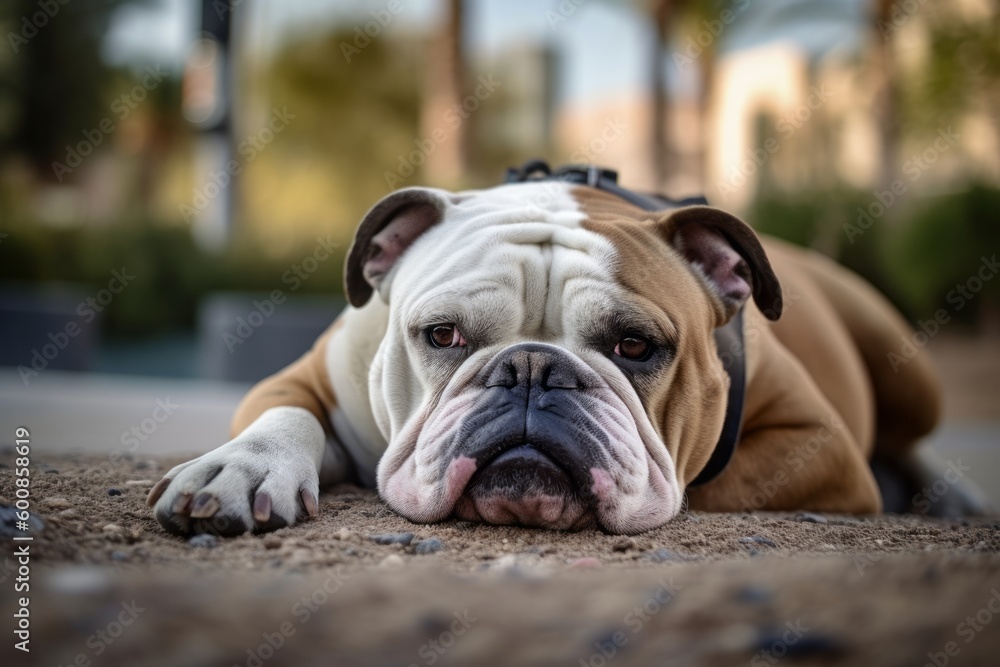 Full-length portrait photography of an aggressive bulldog lying down against dog parks background. With generative AI technology