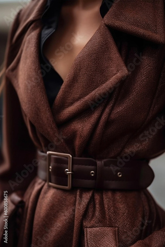 Female figure in a brown fancy autumn jacket with leather belt. Stylish clothing concept.