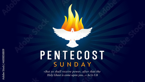 Pentecost Sunday, pigeon Holy Spirit in flame. But ye shall receive power, after that the Holy Ghost. Flying dove in fire, worship poster or banner design. Vector illustration