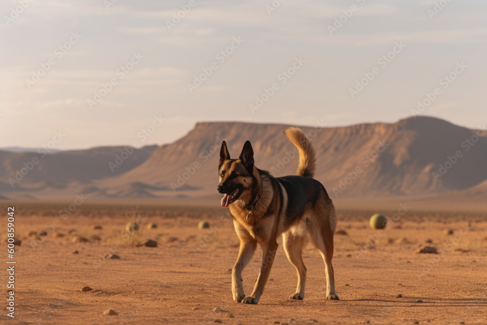 Full-length portrait photography of a curious german shepherd playing fetch against desert landscapes background. With generative AI technology Full-length portrait photography of a curious german shepherd playing fetch against desert landscapes background. With generative AI technology