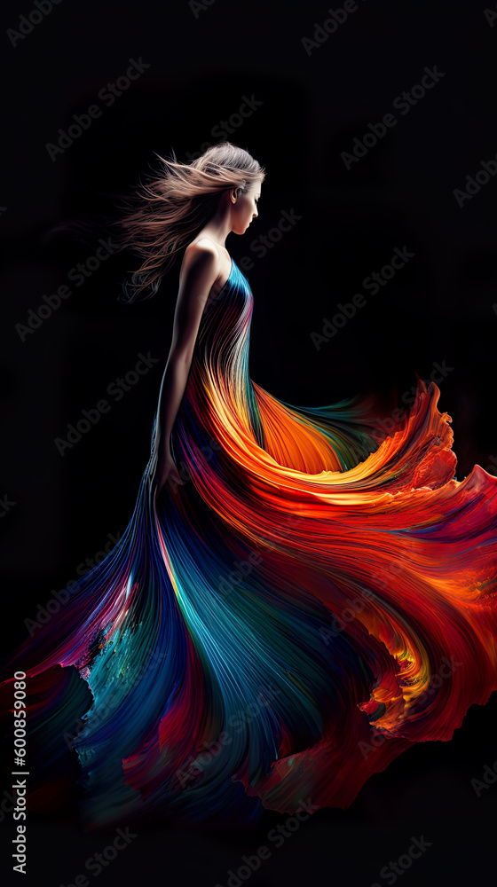 A woman in a multicolored dress standing in the dark. Generative AI.