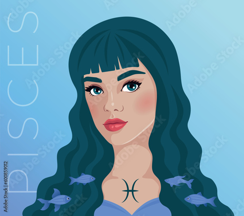 Vector illustration of the zodiac symbol Pisces. Illustration of the astrological sign as a beautiful girl.