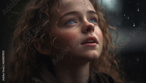 A pretty girl looking at the rainy sky with a smile expression on her face, hope and faith ai, ai generative, illustration