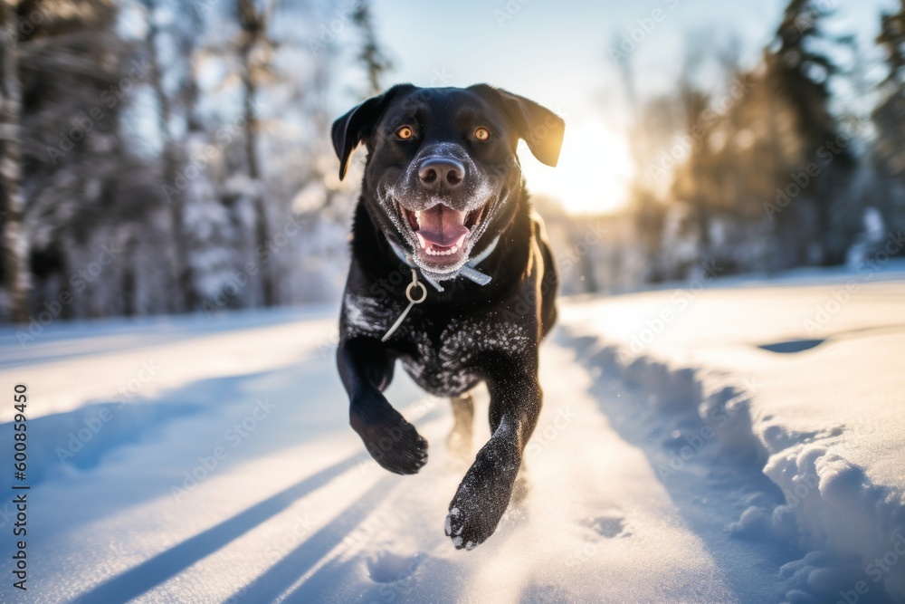Medium shot portrait photography of a happy labrador retriever chasing his tail against snowy winter landscapes background. With generative AI technology
