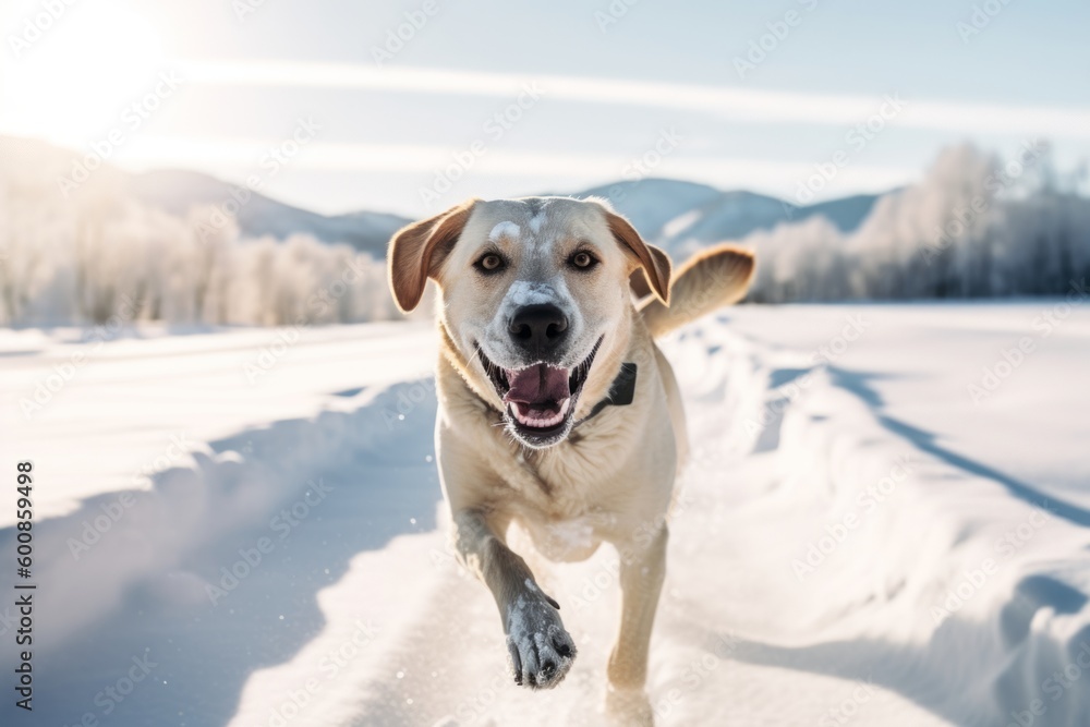 Lifestyle portrait photography of a happy labrador retriever running against snowy winter landscapes background. With generative AI technology Lifestyle portrait photography of a happy labrador retriever running against snowy winter landscapes background. With generative AI technology