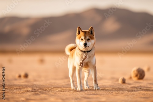 Medium shot portrait photography of a curious akita inu playing with a rope toy against desert landscapes background. With generative AI technology