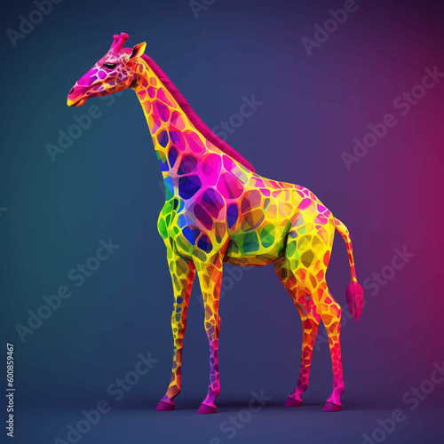 Cute Giraffe in rainbow colors isolated on a multicolored gradient background. Full body. Funny   artoon character. 3D digital vector illustration for your design