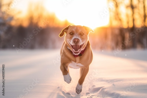 Lifestyle portrait photography of a happy labrador retriever running against snowy winter landscapes background. With generative AI technology