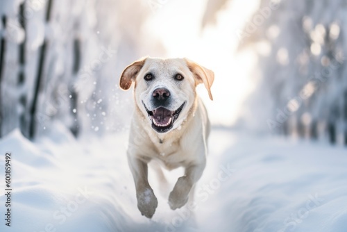 Lifestyle portrait photography of a happy labrador retriever running against snowy winter landscapes background. With generative AI technology