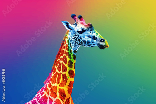 Giraffe head in rainbow colors isolated on a multicolored gradient background. Funny Cute   artoon character. Copy space. 3D digital vector illustration for your design