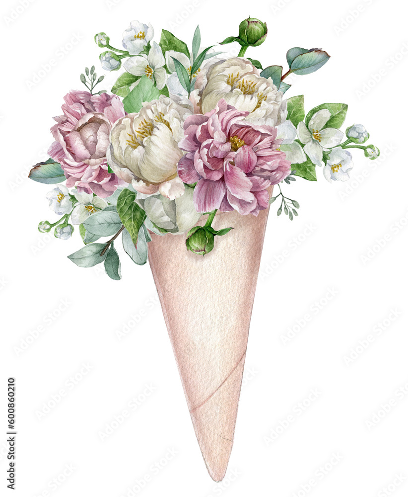 Watercolor spring blossom peonies bouquet in  pink paper cone, Summer arrangement. Card for weddings, valentines day, woman birthday, mothers day summer card.Realistic style,hand-drawn illustration