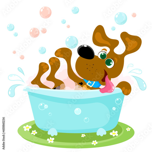 Cheerful clean dog takes a bath with soapy foam. Vector illustration isolated on white background