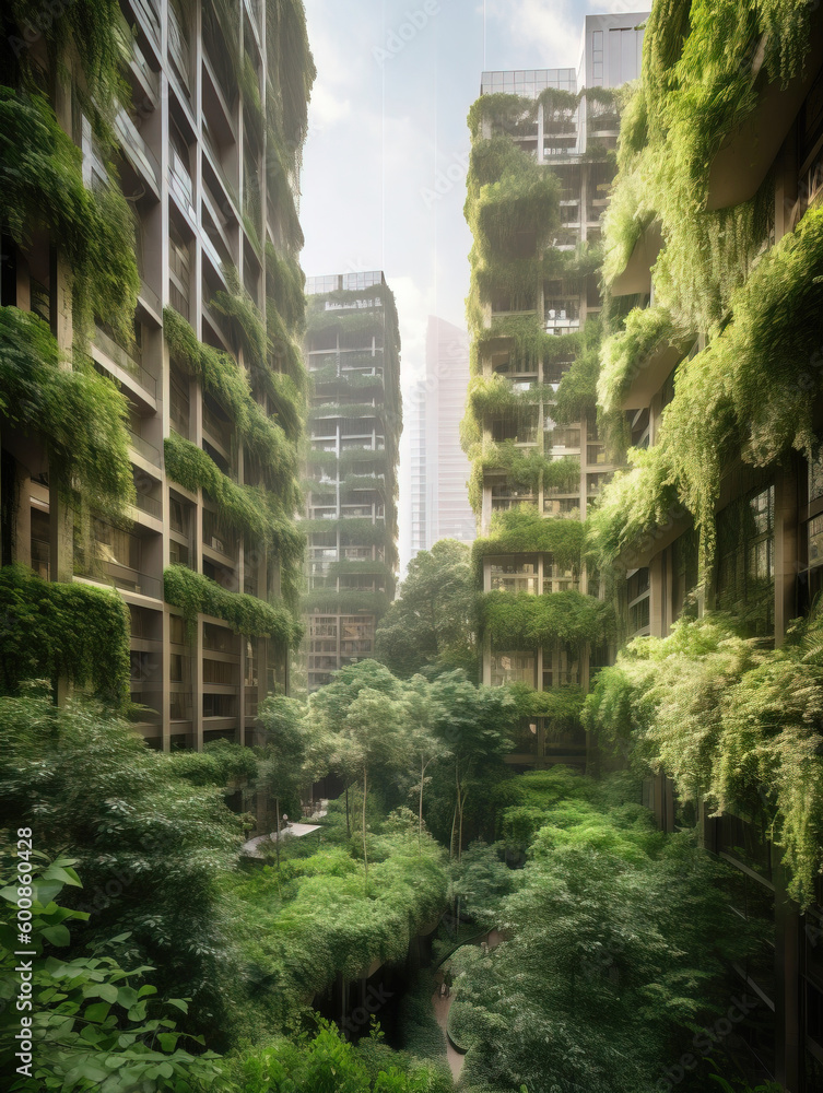 Skyscrapers and Lush Vegetation: A Harmonious Blend of Nature and Urban Architecture - generative AI
