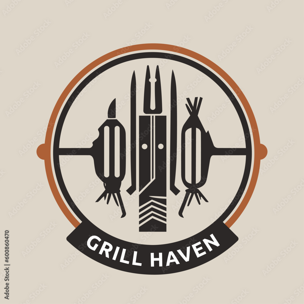 Logo for Grill Haven features a man with a knife and fork. The logo is circular and features a black and white design Logo for Grill Haven features a man with a knife and fork. The logo is circular and features a black and white design