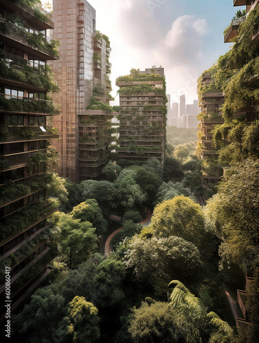Skyscrapers and Lush Vegetation: A Harmonious Blend of Nature and Urban Architecture - generative AI © Uolir