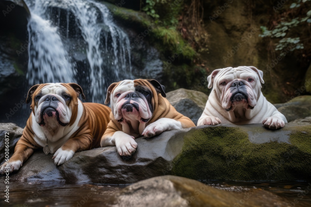 Group portrait photography of an aggressive bulldog lying down against waterfalls background. With generative AI technology