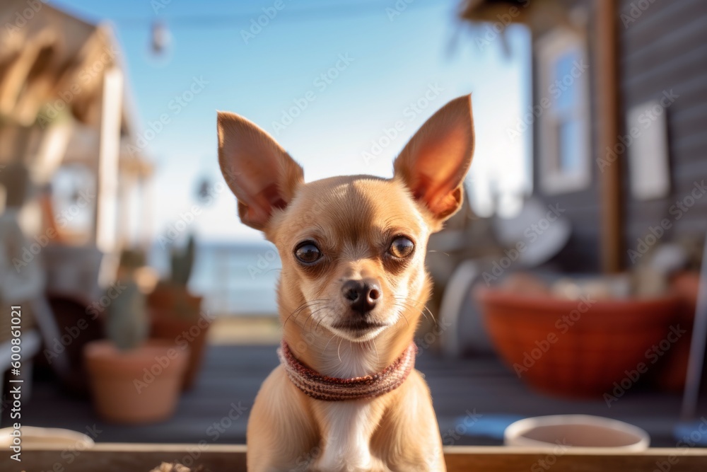 Medium shot portrait photography of a curious chihuahua being at a pottery studio against fishing piers background. With generative AI technology Medium shot portrait photography of a curious chihuahua being at a pottery studio against fishing piers background. With generative AI technology