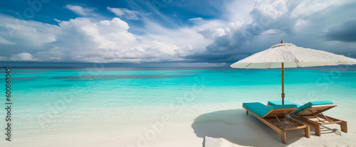 Chairs and umbrella on a sandy beach overlooking turquoise ocean  banner format. Generative AI illustration