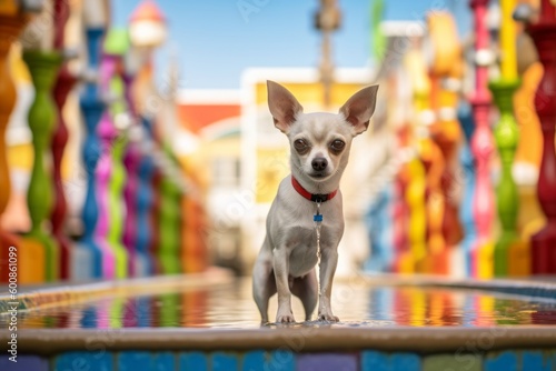 Medium shot portrait photography of a curious chihuahua drinking from a water fountain against colorful neighborhoods background. With generative AI technology