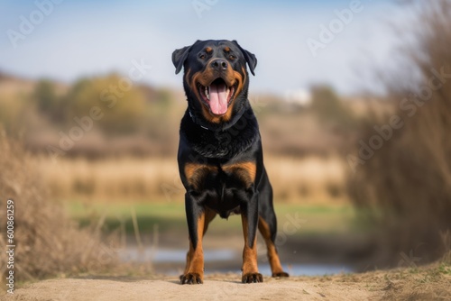 Environmental portrait photography of a happy rottweiler standing on hind legs against wildlife refuges background. With generative AI technology