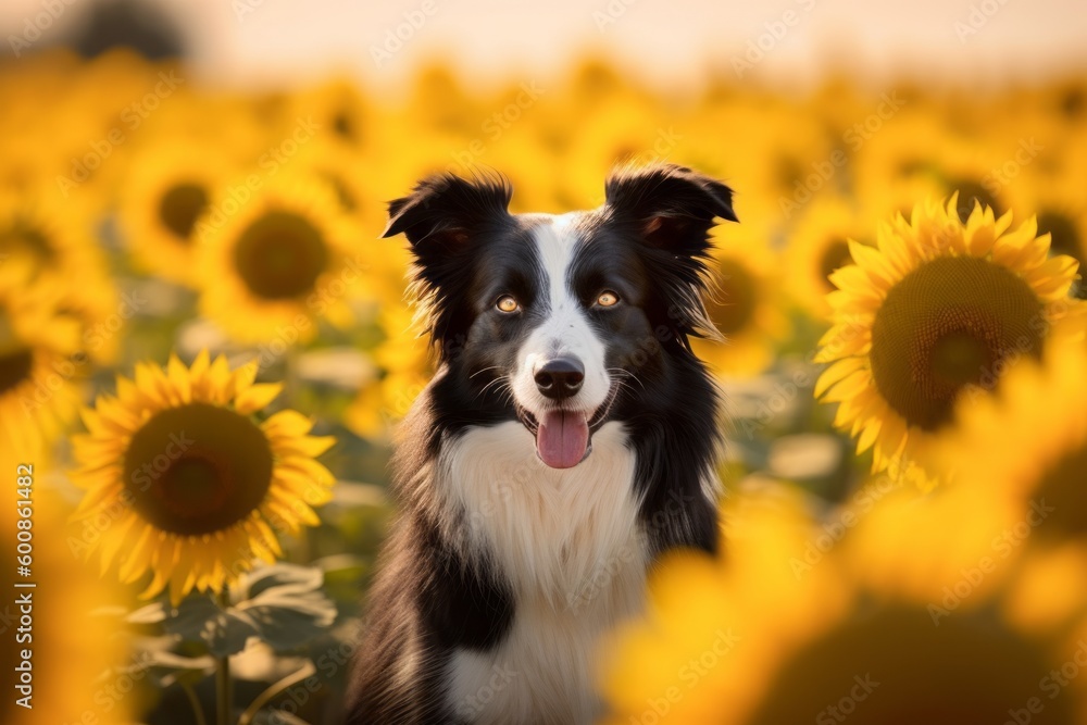 Fototapeta premium Medium shot portrait photography of a curious border collie sitting against sunflower fields background. With generative AI technology