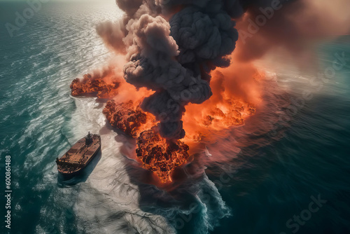 Aerial view of Cargo tanker ship explosion with fire and smoke. Generative AI illustration