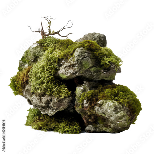 Rocks covered with moss on isolated background. Generative AI