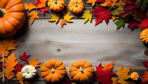 Autumn Bliss: A Cozy Seasonal Arrangement of Leaves, Pumpkins, and Cinnamon on a Rustic Background photo