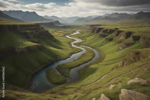 A photograph of a winding river cutting through a lush green valley, with mountains rising up Ai Generated