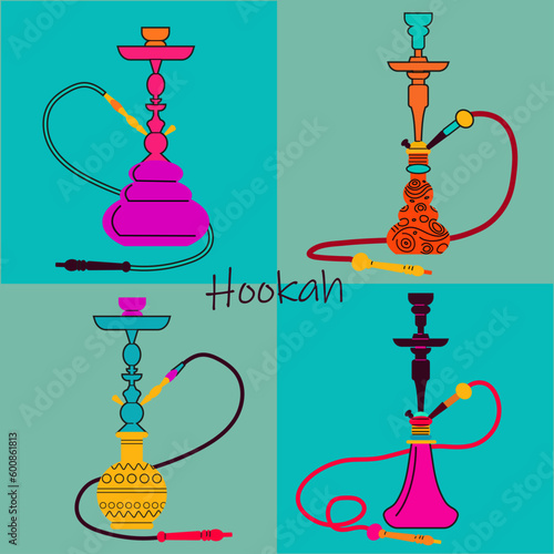 Set of various hookahs. Lounge bar logo concept. Vector illustrations on colored backgrounds.