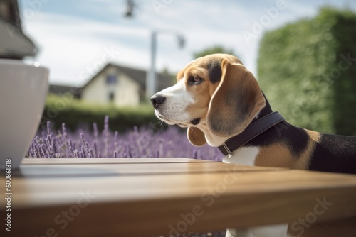 Lifestyle portrait photography of a curious beagle relaxing at a cafe against lavender fields background. With generative AI technology