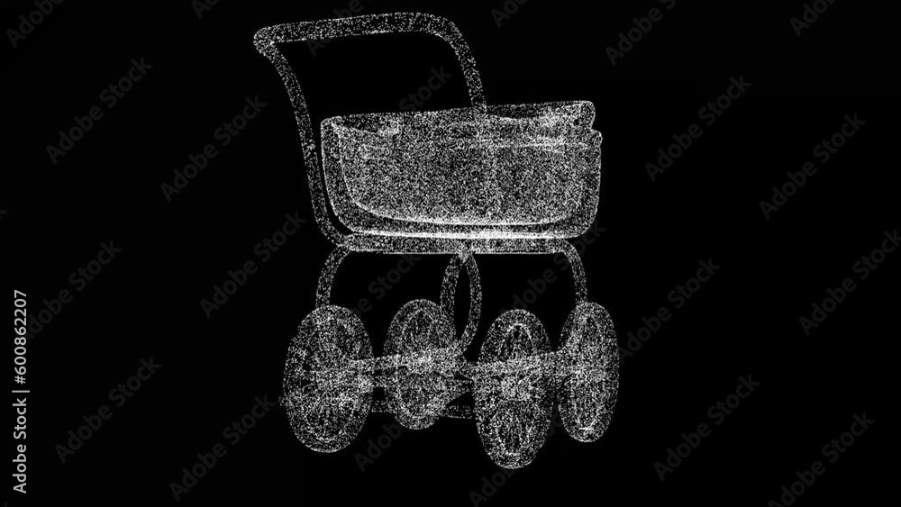 3D baby stroller rotates on black background. Object made of shimmering particles. Baby born concept. For title, text, presentation. 3d animation 60 FPS 3D baby stroller rotates on black background. Object made of shimmering particles. Baby born concept. For title, text, presentation. 3d animation 60 FPS