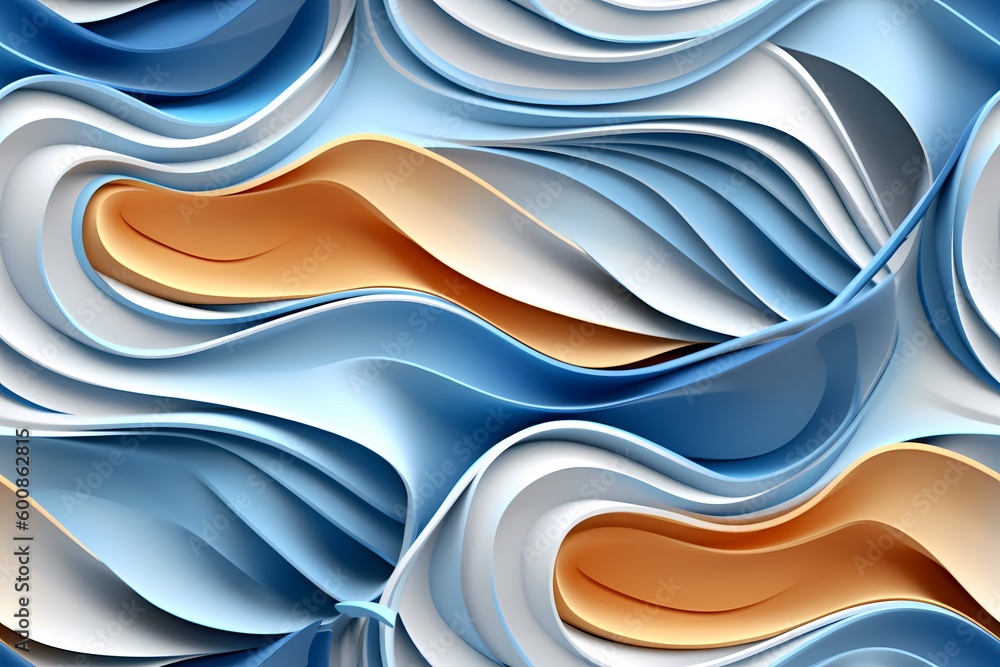 Abstract blue and white abstract seamless repeat pattern wallpaper, in 3D style. White and orange, curves, 3d style. Background for textile, print. Generative Ai. Abstract blue and white abstract seamless repeat pattern wallpaper, in 3D style. White and orange, curves, 3d style. Background for textile, print. Generative Ai.