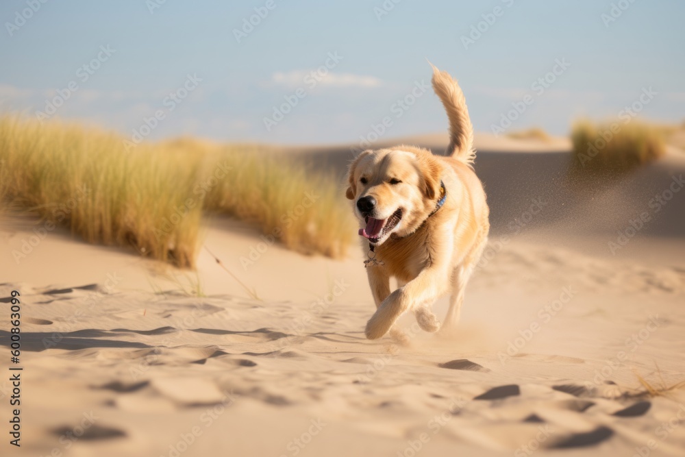 Full-length portrait photography of a happy golden retriever playing with a laser pointer against sand dunes background. With generative AI technology Full-length portrait photography of a happy golden retriever playing with a laser pointer against sand dunes background. With generative AI technology