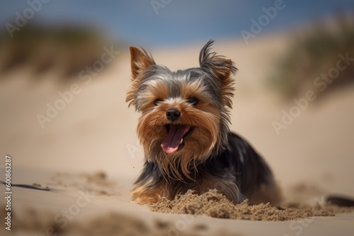 Environmental portrait photography of an aggressive yorkshire terrier eating against sand dunes background. With generative AI technology © Markus Schröder