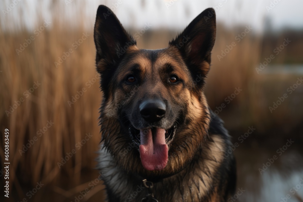 Close-up portrait photography of a happy german shepherd playing with a tennis ball against wetlands and marshes background. With generative AI technology