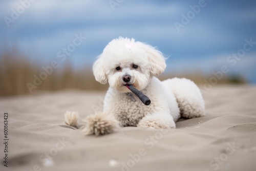 Group portrait photography of a bored bichon frise playing with a feather toy against sand dunes background. With generative AI technology