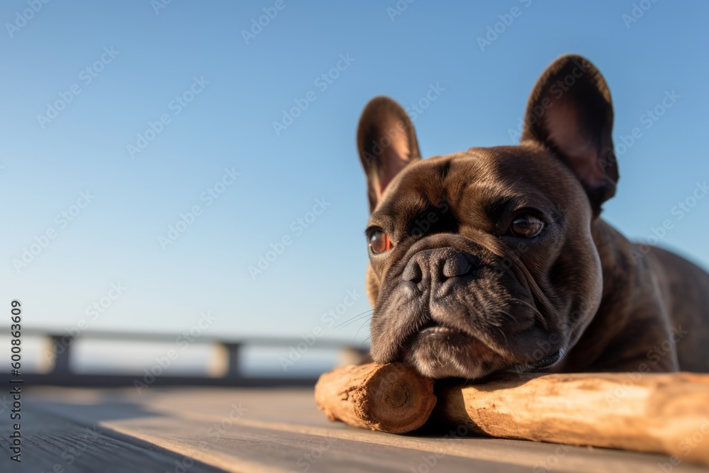 Medium shot portrait photography of an aggressive french bulldog biting a bone against observatory decks background. With generative AI technology