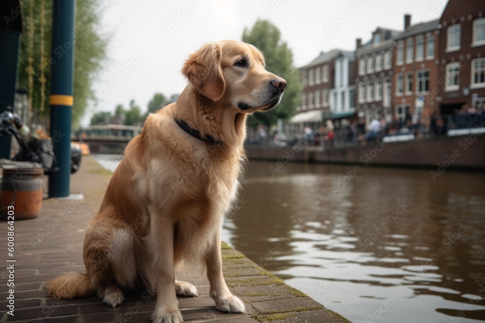 Full-length portrait photography of a curious golden retriever being at an art gallery against canals and waterways background. With generative AI technology Full-length portrait photography of a curious golden retriever being at an art gallery against canals and waterways background. With generative AI technology