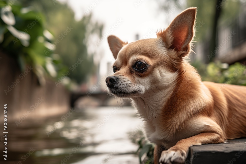 Environmental portrait photography of a curious chihuahua scratching the body against canals and waterways background. With generative AI technology