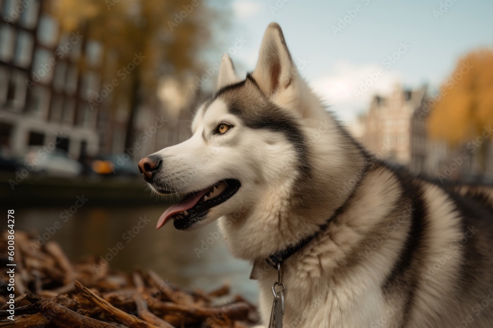 Full-length portrait photography of an aggressive siberian husky biting a bone against canals and waterways background. With generative AI technology
