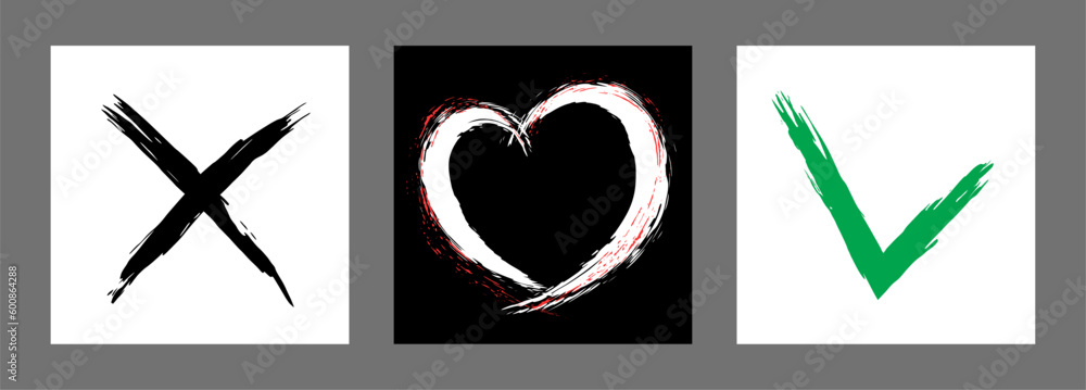 The cross, heart and OK symbol are hand-drawn with a brush. Prohibition, denial, error. Love. Approval, consent. Vector, set of 3 characters The cross, heart and OK symbol are hand-drawn with a brush. Prohibition, denial, error. Love. Approval, consent. Vector, set of 3 characters