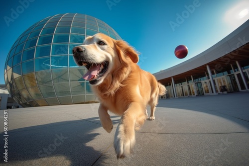 Medium shot portrait photography of a happy golden retriever playing fetch against planetariums background. With generative AI technology