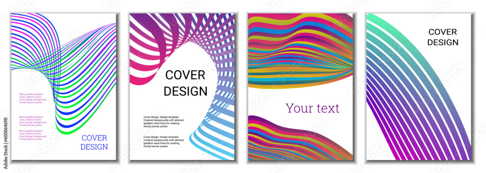 A set of 4 abstract covers. Wavy parallel gradient lines, ribbons evolve. Cover design, background. Trendy banner, poster. A set of 4 abstract covers. Wavy parallel gradient lines, ribbons evolve. Cover design, background. Trendy banner, poster.
